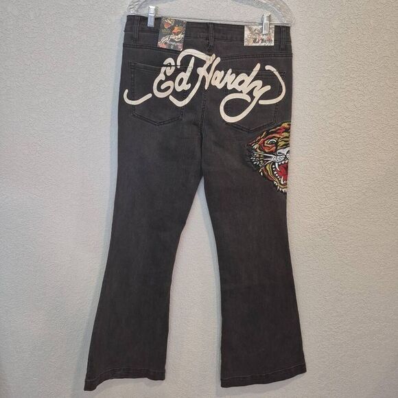 Ed Hardy Denim Tiger Head Embroidered Slim Flare Jeans Women's Size 32 - Picture 2 of 8